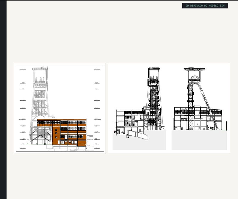 Elevations and sections of the mine headframe